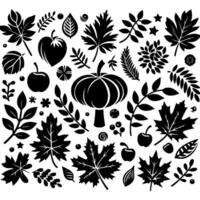Silhouetted Autumnal Composition of Leaves, Fruits, and Pumpkin A Decorative Pattern in Black and White vector