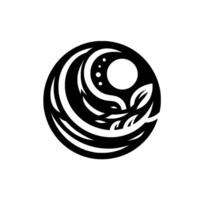A stylized black and white circular featuring organic shapes, a stylized moon, and leaves, suggesting natureinspired with minimal shadow. vector