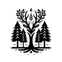Elegant Black White Forest Emblem A DeerTree Fusion with Evergreen Trees Foliage on White Background vector