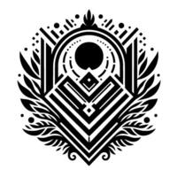 Geometric black white mandala with leaf elements, a central diamond, and circular components, offering a serene aesthetic. vector