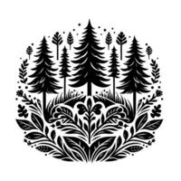 Illustration of a Black and White Forest Scene Within a Circular Frame, Featuring Trees and Floral Elements. vector