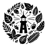 art circular , featuring a silhouetted lighthouse with radiating light surrounded by leaves, berries, and floral elements. vector