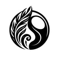 Abstract Black and White Circular Depicting a Feather and Swirling Form within a Shadowed Outline. vector