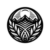 Circular Mountain and Leaf Crest Black and White Art Depicting Nature Elements in Geometric Style. vector