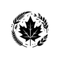 Elegant Black White Emblem A Maple Leaf Encircled by Laurel Branches Small Foliage Accents, Creating a Circular Composition. vector