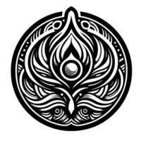 Intricate Black and White Circular Emblem Depicting an Eyelike with Abstract Feather Patterns and Symmetrical Features. vector