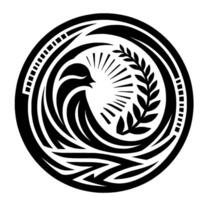 Circular black and white emblem featuring a stylized bird, sunburst, and laurel branch, within a decorative outer ring. vector