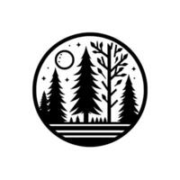 Silhouette of a Moonlit Forest Scene Inside a Circular Frame, Featuring Pine and Deciduous Trees, Stars and a Minimalist Style. vector