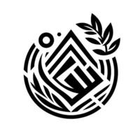 Black White Geometric Featuring a DiamondShaped Labyrinth, Laurel Branch, and Concentric Circle vector