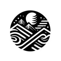 Monochrome Circular Landscape Illustration Mountains, Trees, SunMoon, and Waves in Abstract Geometric Style. vector