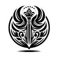 Elegant Monochromatic Crest A symmetrical emblem featuring stylized wings, floral elements, and a decorative central pillar within a circular frame. vector
