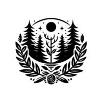 A Minimalist Black and White Emblem Forest Scene with Trees, Deer Antlers, Moon, Stars, Laurel, and Symbolic Floral Elements within a Circle. vector