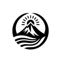 Monochromatic Mountain Landscape Stylized illustration of a mountain range, sun, and stylized water within a circular frame, evoking nature and tranquility. vector