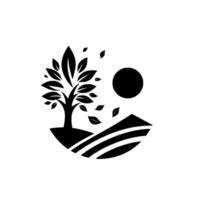 Minimalist Black and White Depicting a Tree on a Hill with Sun and Leaves Blowing in the Wind vector