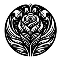 Circular Black and White Floral A symmetrical stylized rose in a rounded frame, with intricate leaf and petal details. vector
