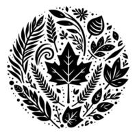 A symmetrical, circular composition of stylized black leaves, branches, and floral elements against a white background, with a central maple leaf. vector