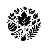 Circular Black and White Illustration of Autumnal Elements Leaves, Berries, Acorns, and Twigs Arranged in a Decorative Pattern. vector