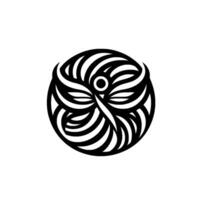 Circular black and white stylized owl with concentric patterns, symmetrical features, and stark contrast against white background. vector