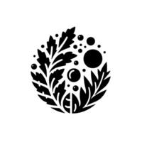 Elegant black and white emblem featuring stylized leaves and bubbles in a symmetrical, circular , evoking nature and simplicity. vector