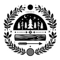Intricate, monochrome nature emblem featuring a forest under a starry sky, encircled by a laurel wreath, log, arrow. vector