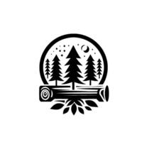 Monochromatic Nature Emblem Forest Scene within a Circle Featuring Pine Trees, Log, Crescent Moon, Stars, and Leaves. vector