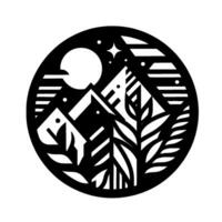 Circular, black and white minimalist nature scene mountains, moon, star, trees, and a stylized geometric . vector