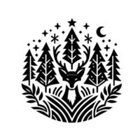 Black and White Minimalist Forest Scene with Deer, Pine Trees, Stars, Crescent Moon, and Geometric Foliage, Circular Composition. vector
