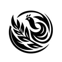 A stylized black bird and leafy branch enclosed within a curved circular frame, showcasing a modern minimalist aesthetic on a white background. vector