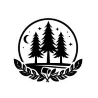Black and White Nature Pine Trees Under Crescent Moon and Stars, Framed by Laurel Wreath. vector