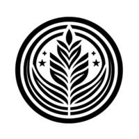 Elegant black and white circular featuring stylized leaf motif, stars, and concentric rings, on a pristine white background. vector