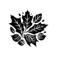 Black and white stylized illustration of autumn elements including leaves and nuts, arranged in a circular composition. vector
