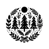 Black and white circular natureinspired , featuring stylized fir trees, foliage, and moon, resembling a seal or emblem. vector