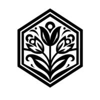 Geometric floral within a hexagon, featuring stylized tulips and foliage in monochromatic shades. vector