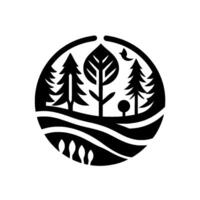 Minimalist Black White Forest Scene Trees, Bird, Hill, and Vegetation Enclosed in Circular Frame. vector