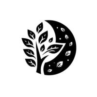 Stylized black and white tree silhouette within a moon crescent, with leaves dispersed across the shape. vector