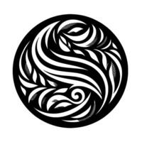 Intricate Black and White Circular Abstract Floral Pattern with Swirling Leaves and Decorative Lines within a Bold Circle. vector