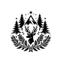Minimalist Black and White Emblem of Deer, Trees, Mountains, and Starry Sky within a Laurel Wreath, Natures Grace. vector