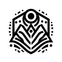 Stylized black and white geometric emblem featuring mountain peaks, crescent moon, dot accents, and an abstract floral base , isolated on a white background. vector