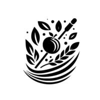 Minimalist black and white illustration featuring an apple on a stick, leaves, and wheat, creating a stylized naturethemed composition. vector