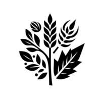 Elegant blackandwhite botanical illustration featuring stylized wheat, leaves, and a seedlike element on a white background, creating a balanced symmetrical composition. vector
