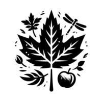 Artistic Black and White Composition A Central Maple Leaf Adorned with Apple, Dragonfly, and Other Elements on White. vector