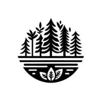 Stylized black and white illustration of a forest scene within a semicircular frame, featuring detailed trees and leaves. vector