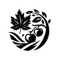 Black and white, circular minimalist featuring maple leaf, tree branch with cherries, and stylized leaves, creating a natural aesthetic. vector