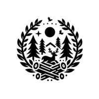 illustration of a serene forest scene within a circular laurel wreath, featuring a deer, trees, birds, sun, and campfire, in a minimalist style. vector
