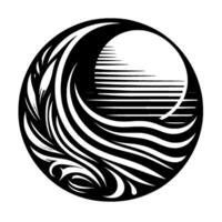 Abstract YinYang Inspired Black and white circular artwork featuring stylized waves, a sun or moon with horizontal lines, and flowing organic patterns. vector