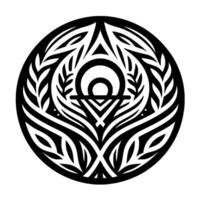 Symmetrical Black and White Circular Featuring Stylized Leaves, Triangles, Circles, and Abstract Geometric Elements vector