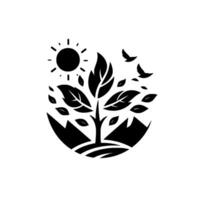 Black and white minimalist nature with tree, sun, mountains, and birds in a circular composition. vector
