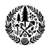 Circular Black and White Forest Emblem Featuring Trees, Mushrooms, Foliage, and Natural Elements within a Decorative Wreath. vector