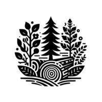 Stylized Circular Illustration of Nature Trees, Bushes, and Decorative Ground Elements in Black and White vector