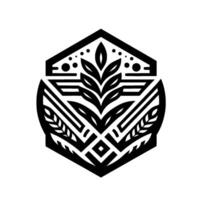Monochromatic Geometric Illustration featuring stylized leaf, grain, and linear abstract elements forming a symmetrical crestlike within a hexagonal shape. vector